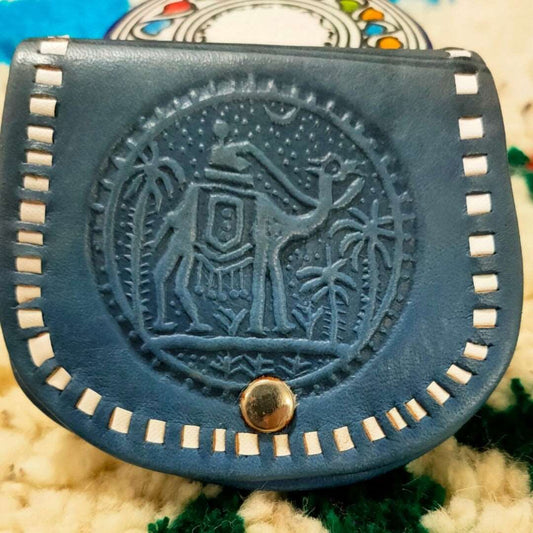 Porte monnaie en cuir marocain bleu